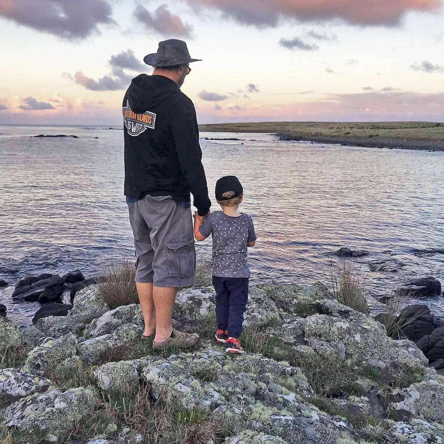 Maui Solomon with his moko, Carter John Tamarau-Ariki Solomon, on Rēkohu. Photo © Maui Solomon